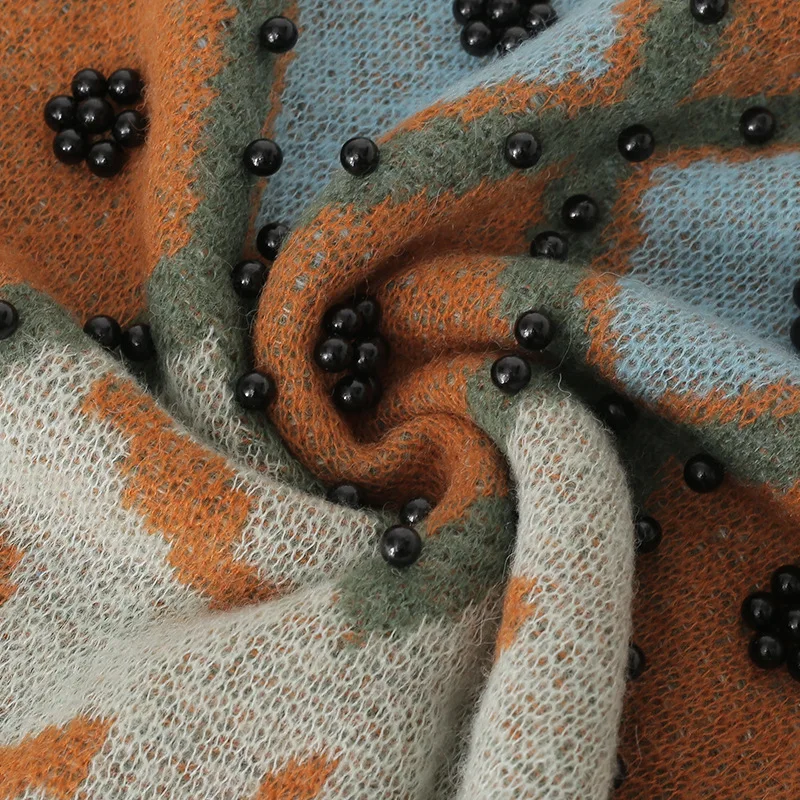 

Turtleneck Beaded Plaid Sweater Spring Autumn Loose Long Sleeve Print Casual Women Pullovers Sweaters Outerwear T41011