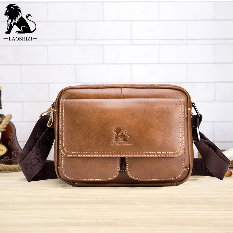 

LAOSHIZI Genuine Leather Crossbody Bag For Male Small Flap Strap Shoulder Bag Brown