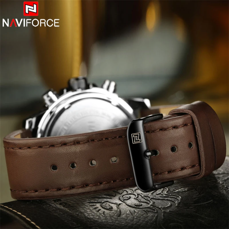 Часы наручные NAVIFORCE мужские с кожаным ремешком брендовые Роскошные Аналоговые