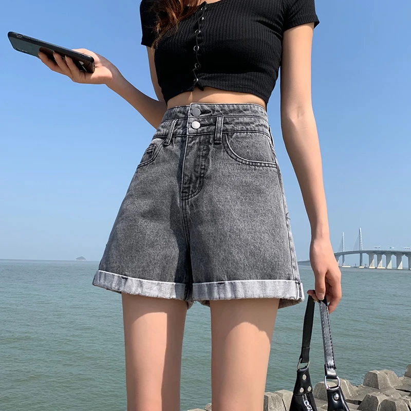 

TongSiHai Jeans Shorts for Women Ladies High Waist Crimping Denim Short Pants Girl Students Summer Casual Wide Leg Streetwear