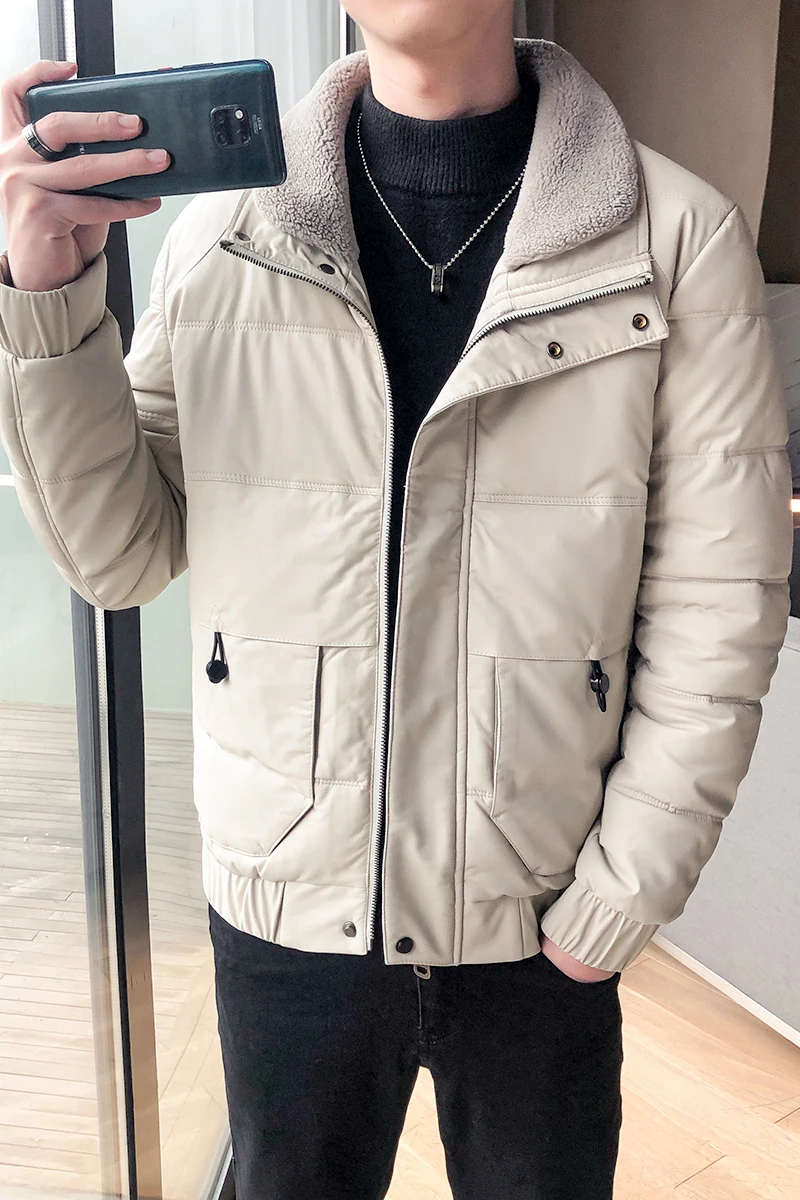 Зимний теплый мужской мотоциклетный кожаный пуховик пальто с воротником из