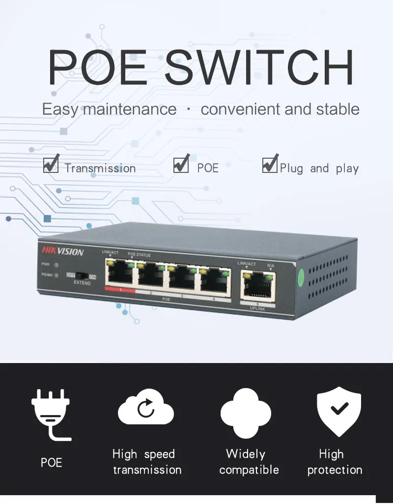 Hikvision DS-3E0105P-E Неуправляемый коммутатор PoE 5 портов 10/100 Мбит/с адаптивный металлический материал для 4CH NVR и CCTV IP камер