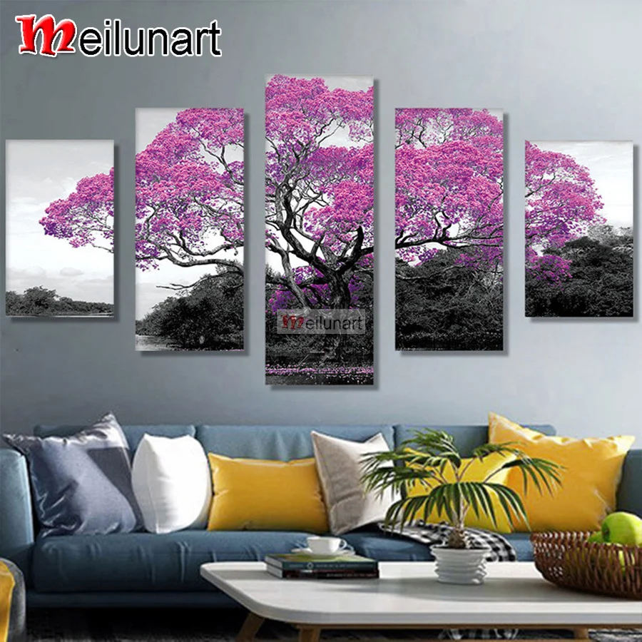 

Pink tree landscape 5 piece diy mosaic art diamond painting full square round drill diamond embroidery kit decoration AS1348