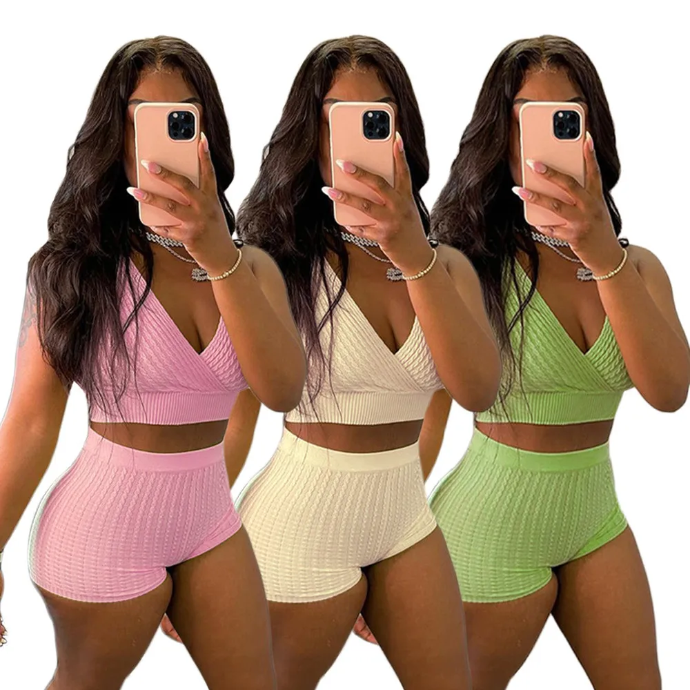 

Solid Ribbed Stretchy Two Pieces Set New Fashion Sleeveless Deep V-neck Crop Top+shaped Waist Biker Short Loungewear Tracksuit