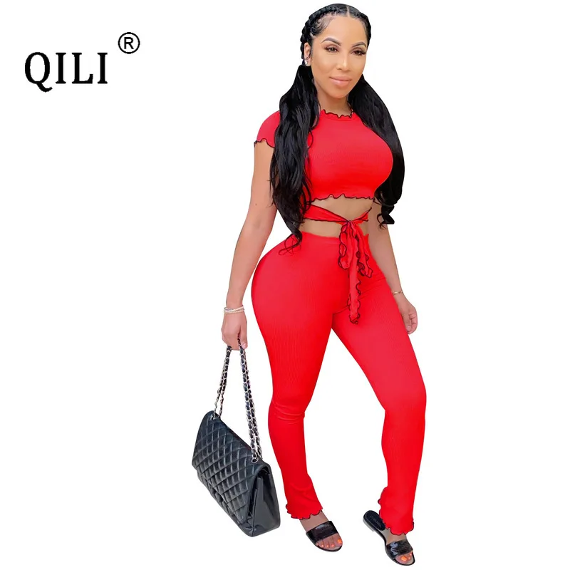 

QILI Sexy Jumpsuits Women Red Two Piece Set Outfits Hollow Out Bandage Twill Jumpsuit Womens Outfits Short Sleeve Plus Size