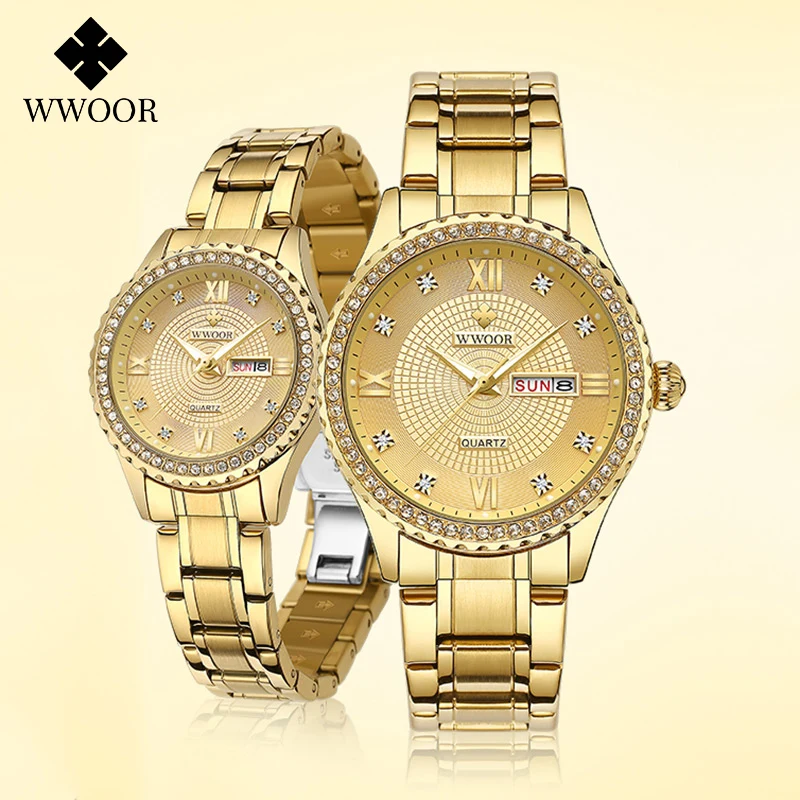 

WWOOR 2021 Top Brand Couple Watch Men and Women Fashion Luxury Diamond Stainless Gold Quartz Pair Lovers Watch Gift For Birthday