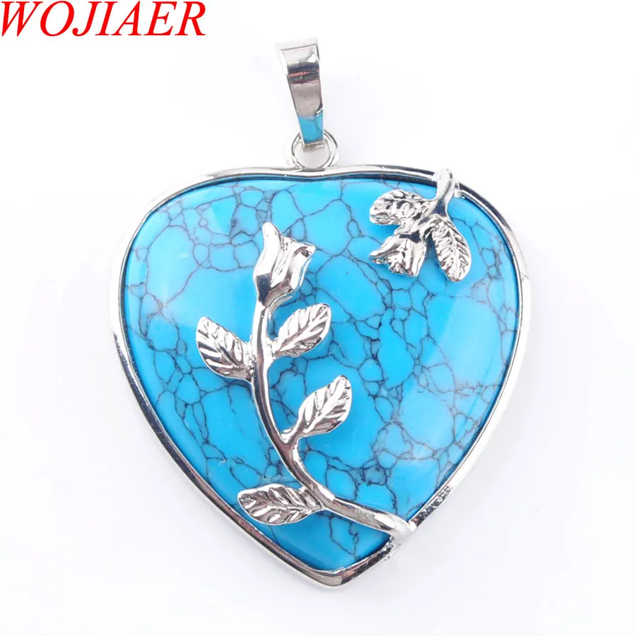 Blue Turquoise Натуральные драгоценные камни, бусины, сердце, посеребренный цветок, целительная Рейки Чакра, ожерелья с подвесками, 1 шт., ювелирные изделия PBN316 - Окраска металла: Blue Turquoise