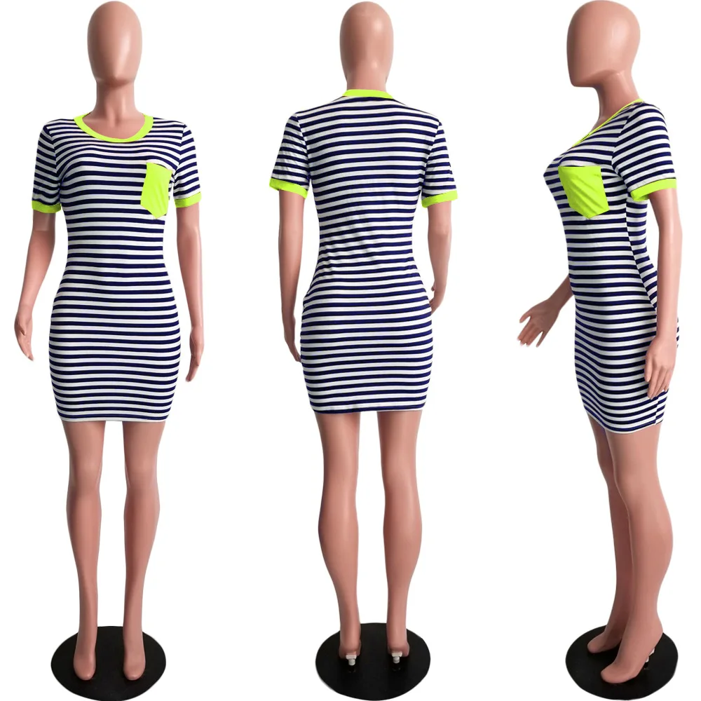 

Women Dress Summer New Striped Printed Pocket Decorative Dresses