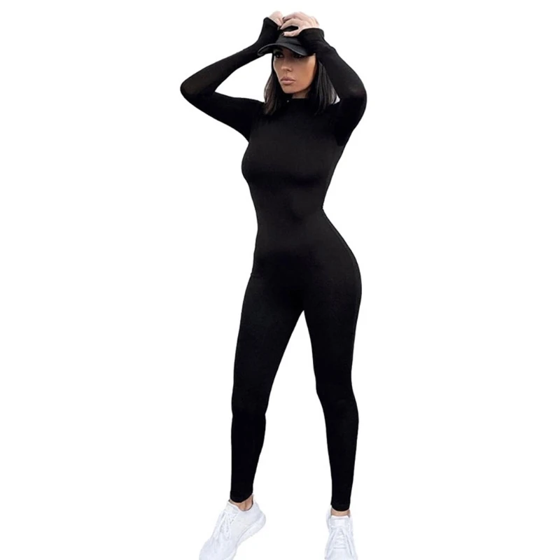

Women Autumn Sexy Long Sleeve Jumpsuit O-Neck Solid Color Full Length Rompers Bodycon High Waist Sportwear Playsuit