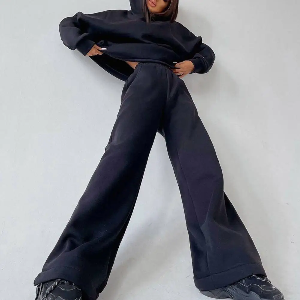 

Women Casual Fleece Two Piece Sets 2021 Autumn Winter Streetwear Basic Tracksuit Hooded Pullover Sweatshirt And Wide Leg Pant Su