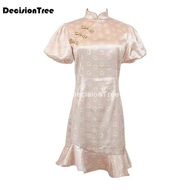 

2021 chinese dress elegant women satin qipao short sleeve dress traditional chinese style mandarin collar cheongsam vestidos