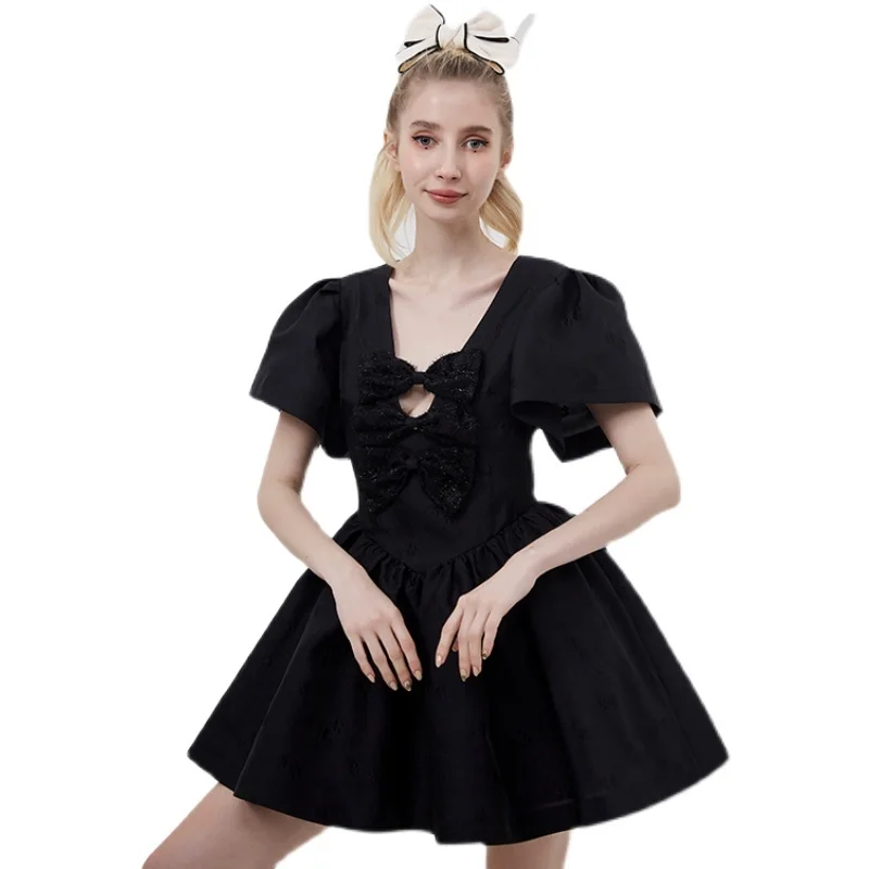 

2021 New Fashion Designer Summer Elegant Black Dress High Quality Women V Neck Short Sleeve Party Dress Ruched Casual Mini Dress