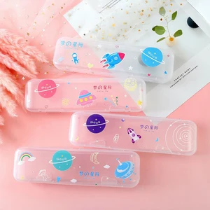 1 шт. Простой Прозрачный пенал с изображением планеты ракеты, космоса кролика сакуры, полипропилена, пенал, коробка для хранения канцтоваров подарок для офиса и школы