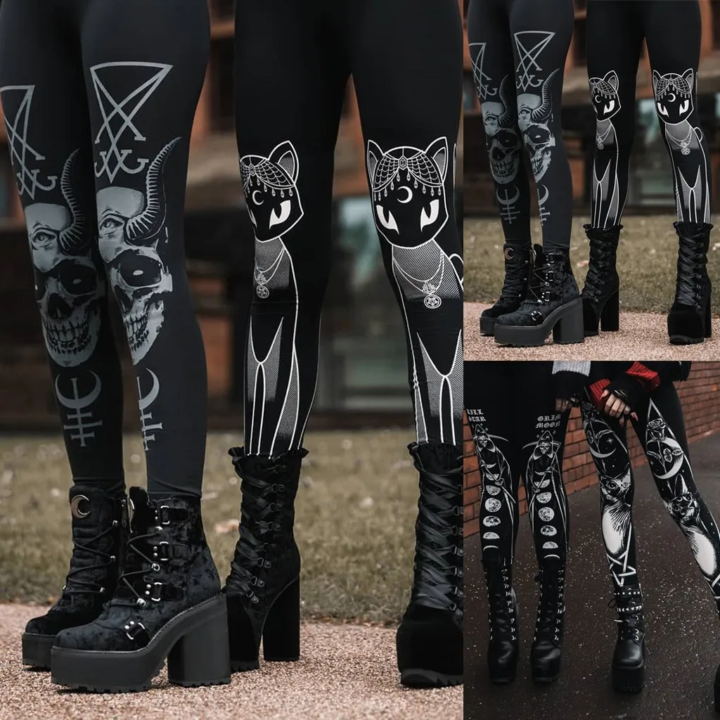 Модные женские леггинсы в готическом стиле Эластичные Обтягивающие Брюки