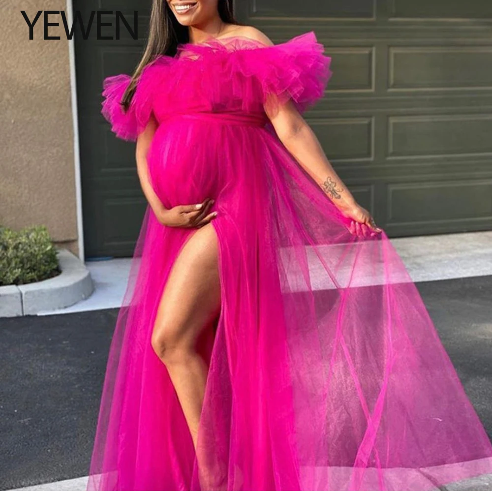 Off The Shoulder Ruffle Maternity Photography Dress Gowns Leg Side Slit Pregnancy Photoshoot Outfits YEWEN 2021