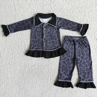 wholesale baby girl toddler nightclothes clothing spring kids black leopard lapel set ruffle pants children pajamas sleepwear