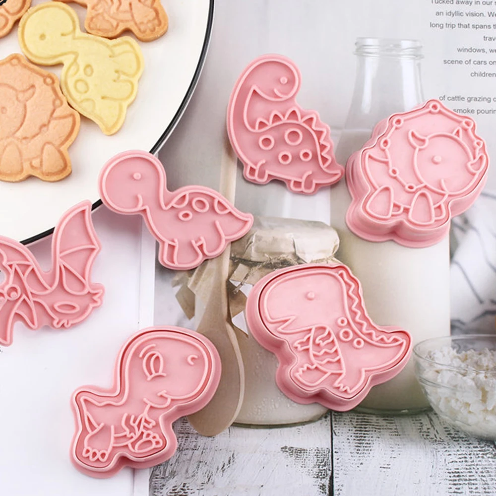 6Pcs/set Dinosaur Shape Cookie Cutters Plastic 3D Cartoon Pressable Biscuit Mold Stamp Kitchen Baking Pastry Bakeware | Дом и сад