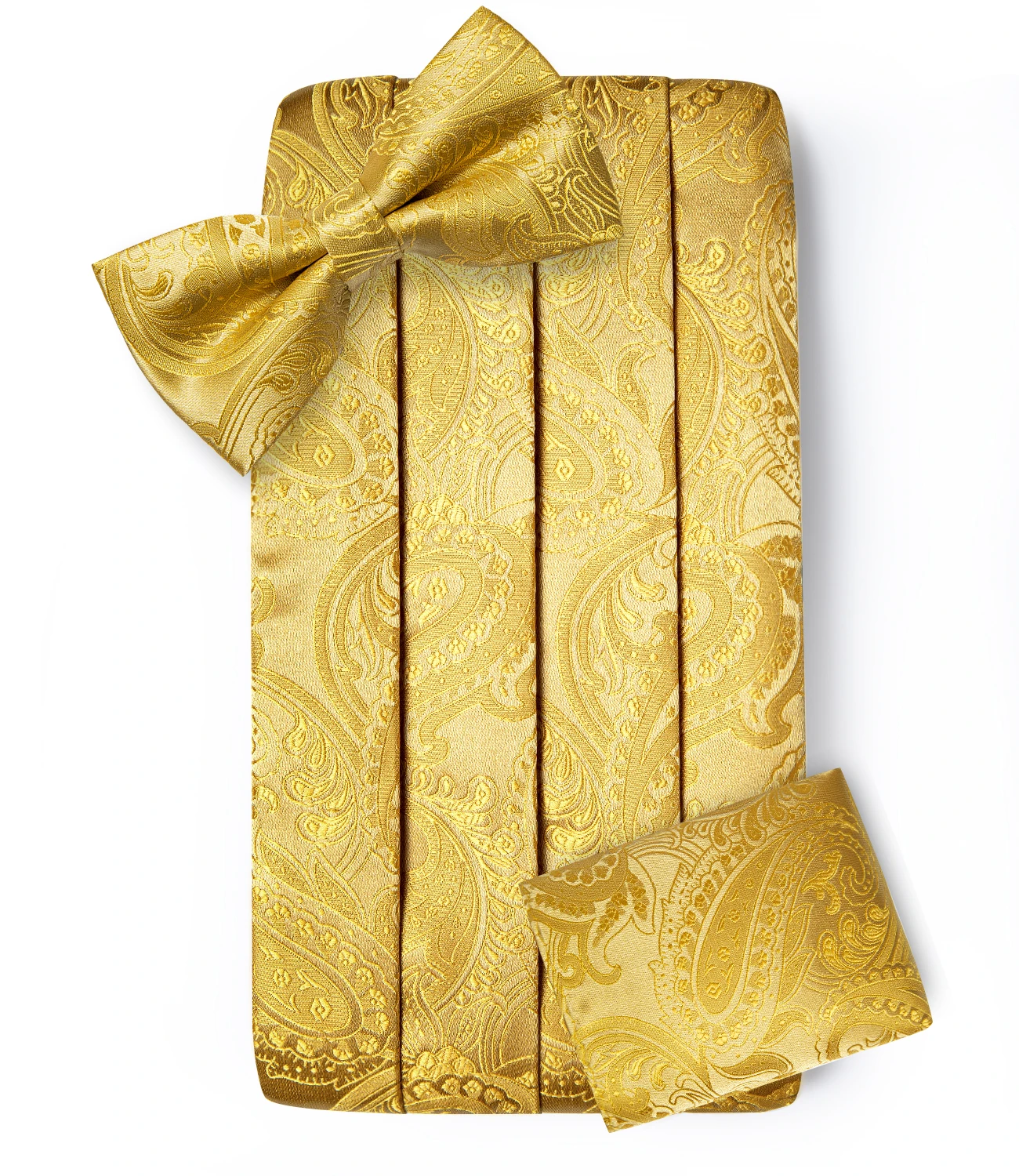 

Men's Tuxedo Cummerbund Yellow Silk Paisley Bow Tie Handerchif Brooch Chain Set Wedding Party Cummerbunds Waist Band DiBanGu