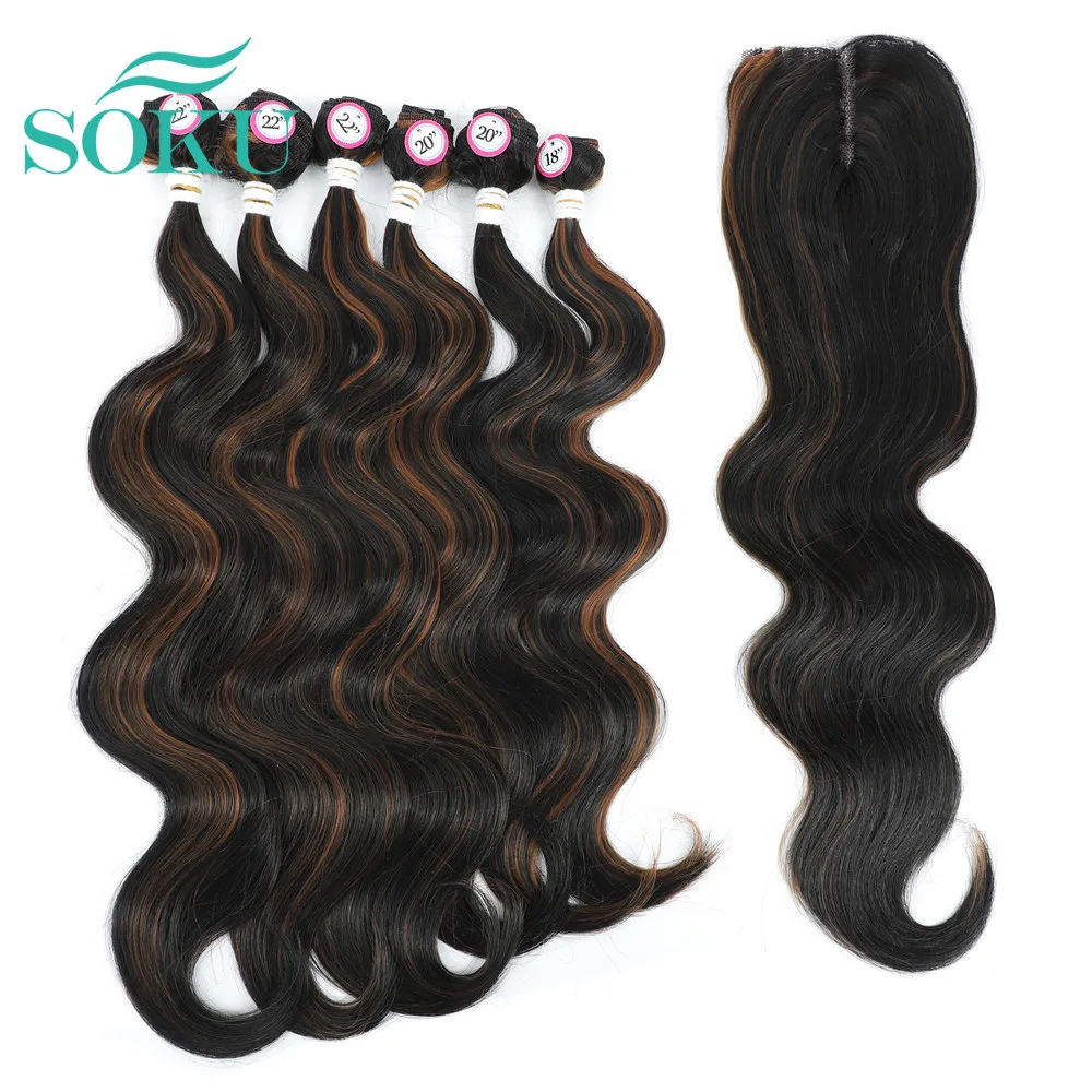 

Highlight Hair Synthetic Body Wave Hair Extensions Weave Bundles SOKU Free 4*4 Closure Nature Hair 6 Bundles With Closure