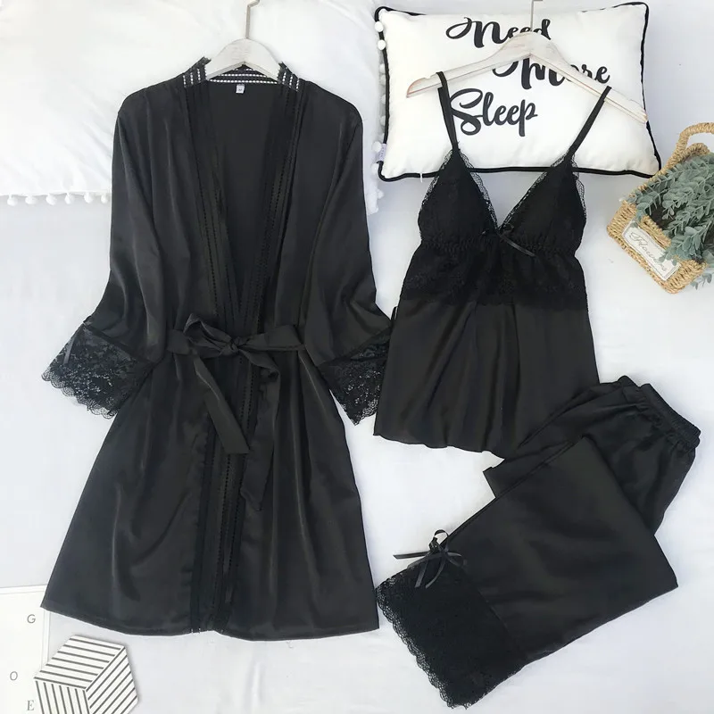

Women 3PCS Pajamas Set Satin Sleepwear Intimate Lingerie Lace Patchwork Kimono Bathrobe Gown Strap Top&Pants Sexy Nightwear