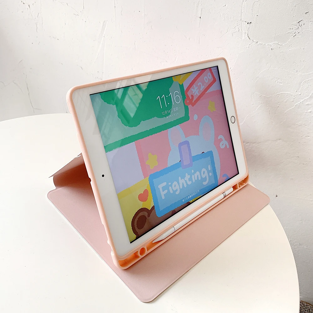 

Cartoon Animal Flocking Soft Tablet Stand Case With Pencil Holder For iPad Air 1 2 3 Mini 4 5 Pro 2017 2018 2020 Cover