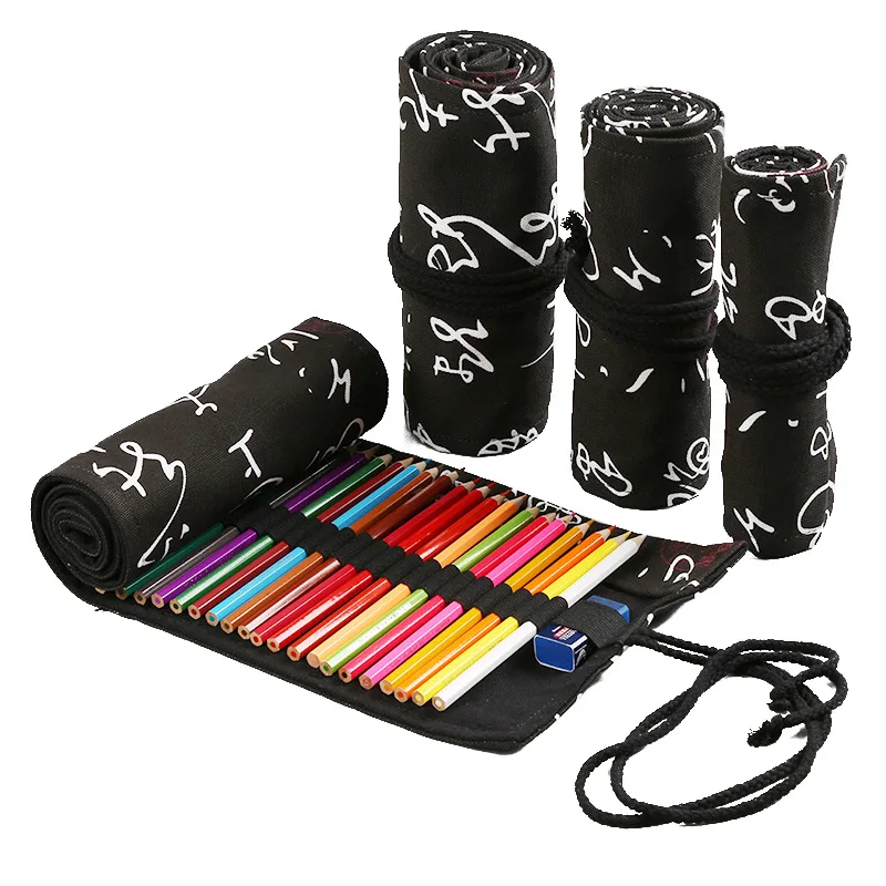

Black School Pencil Case Roll 12/24/36/48/72 Slot Pencilcase for Girls Boy Cartridge Penal Large Pen Stationery Bag Supplies Kit