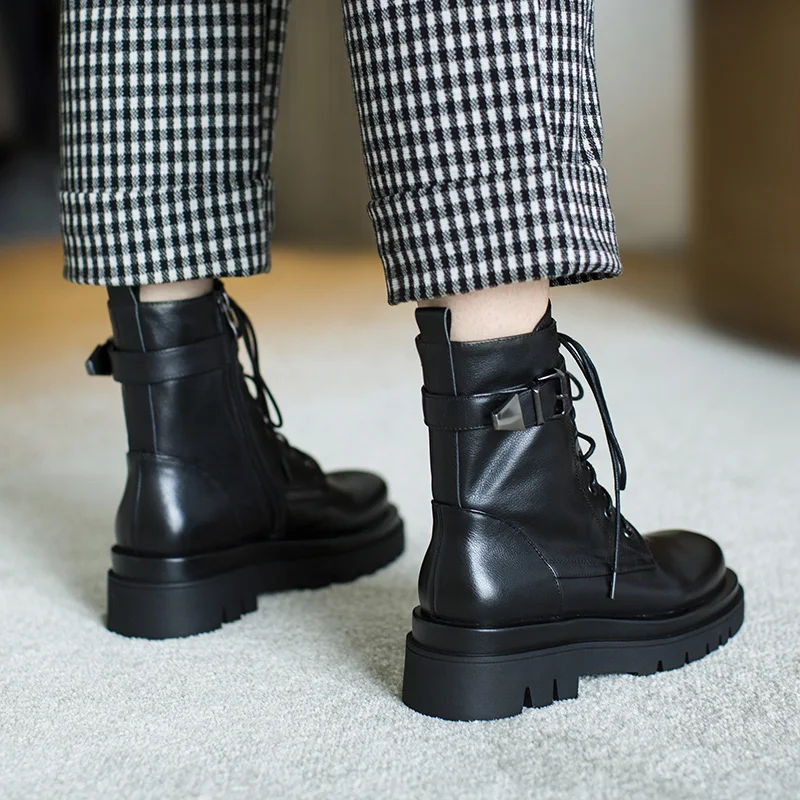 Jual Sepatu Bot Martin Kulit Sapi Asli Sepatu Bot Pergelangan Kaki Ritsleting Ujung Bundar Gaya Inggris Musim Gugur 2020 Bawah Tebal Wanita