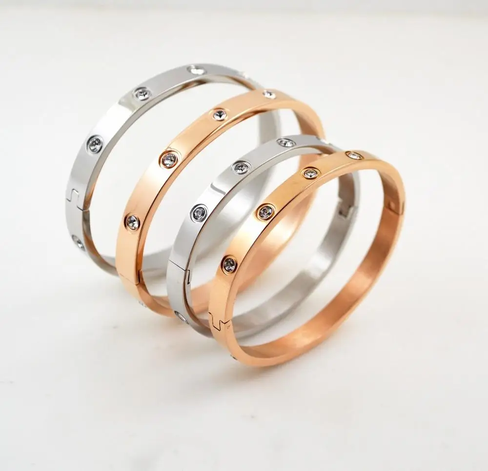 Стразы браслет для женщин из титановой стали цвета розового золота