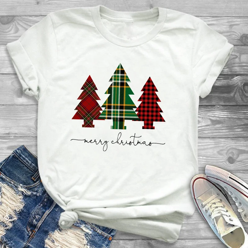 Tee Shirt Tees T-shirts Women Fashion Clothing Plaid Tree Truck New Year Merry Christmas Womens Female Graphic T Shirt T-Shirt - Цвет: CZ20463