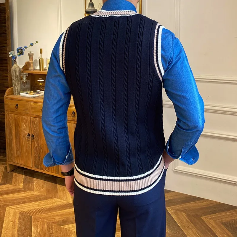 

British Style Mens New V-Neck Sleeveless Sweater Stripe Fashion Vest Korean Style High Quality Casual Pullover Knitted Sweater