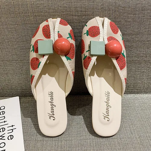 

2021 Women Mules Closed Toe Cloth Shoes Round Toe Backless Casual Flat Slippers Comfortable Slip on Print Color Summer Beach