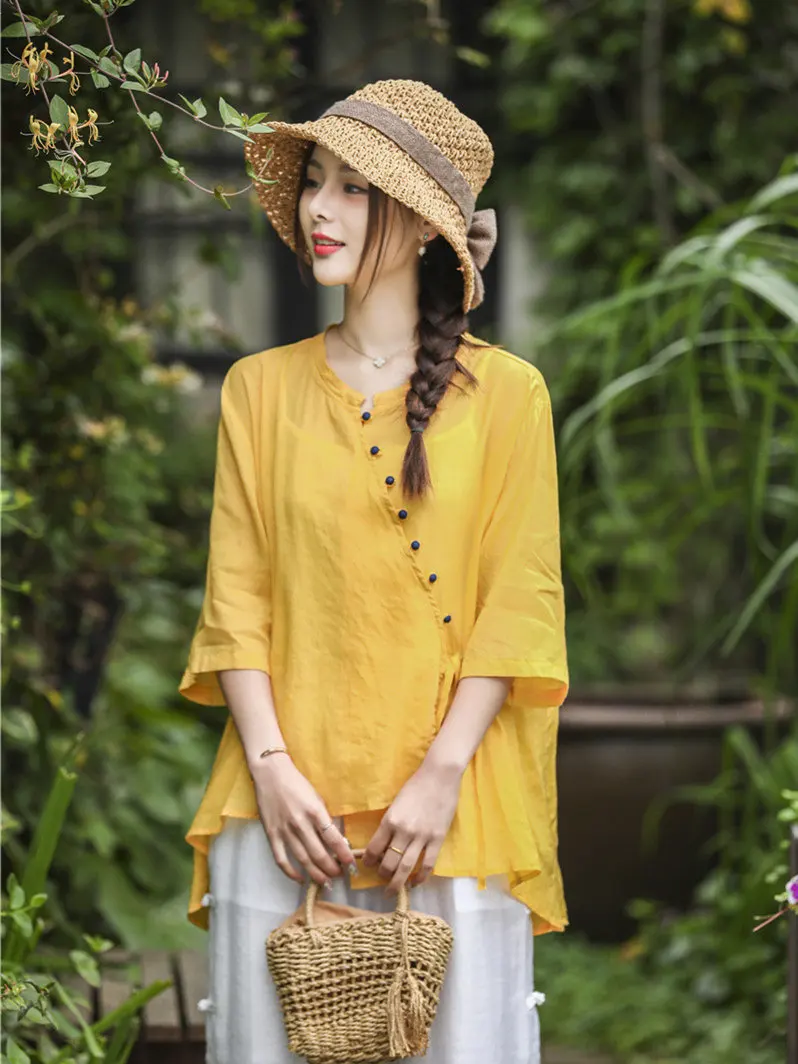Summer new national style button top cotton linen retro Chinese ramie short sleeve shirt women sun proof blouse