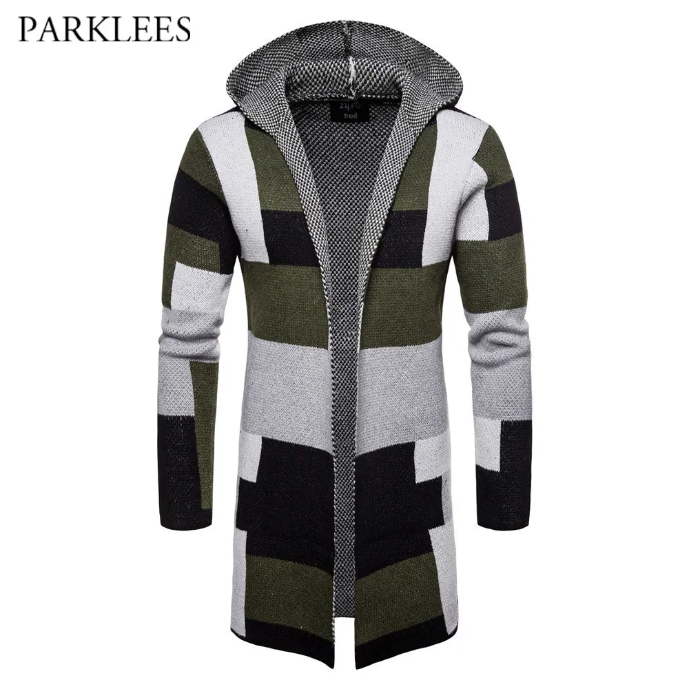 

Кардиган Мужской трикотажный, с капюшоном, длинный, в стиле пэчворк, на осень/зиму, 2020