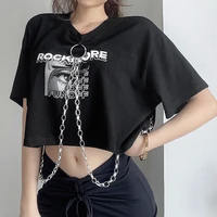 slim graphic t shirts with chain summer aesthetic loose women crop top streetwear punk goth tops o neck gothic clothes kawaii