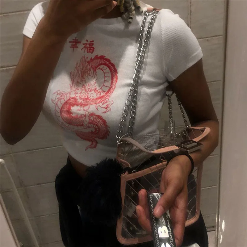 Женская футболка с принтом дракона белый Повседневный укороченный топ коротким