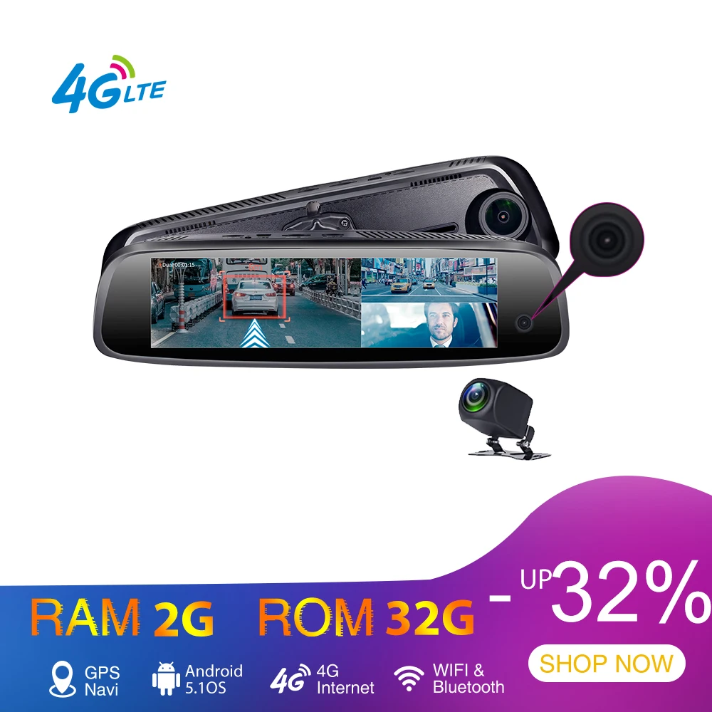 

3 Cameras 4G Android Vehicle Camera 8" IPS car mirror video recorder GPS ADAS 2G RAM 32G ROM FHD 1080P Dashcam Rear view Mirror