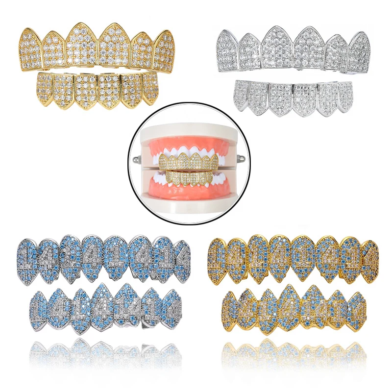 Hip Hop Denture 1414 Teeth Grillz Bling AAA Cubic Eight Top Bottom Vampire Grills Teeth Set For Gift Blue/Gold/Silver Color