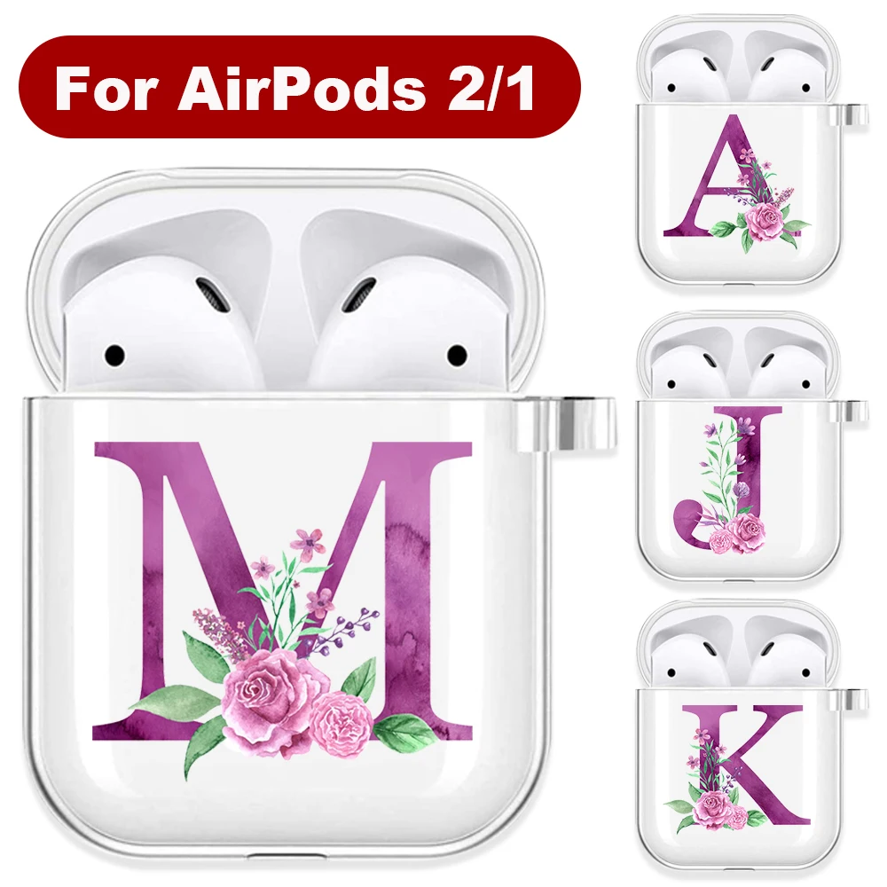 

Мягкий чехол из ТПУ для AirPods 2 1, прозрачный силиконовый чехол для наушников с буквами фиолетового розового буква, с цветочным рисунком, с под...
