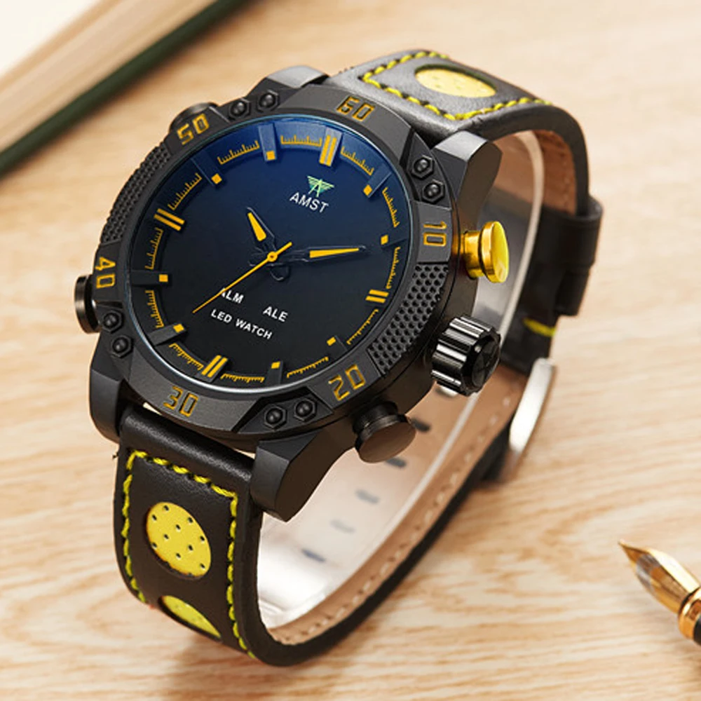 Часы мужские модные спортивные кварцевые аналоговые светодиодные кожаные