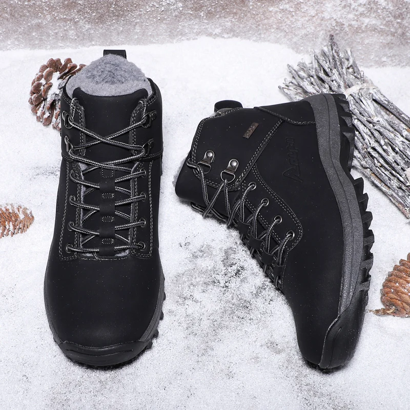 Brand Snow Boots Warm Fur Wear-resistant Sole Womens Boots Leather Waterproof Ankle Boots for Men Comfortable Hiking Boots