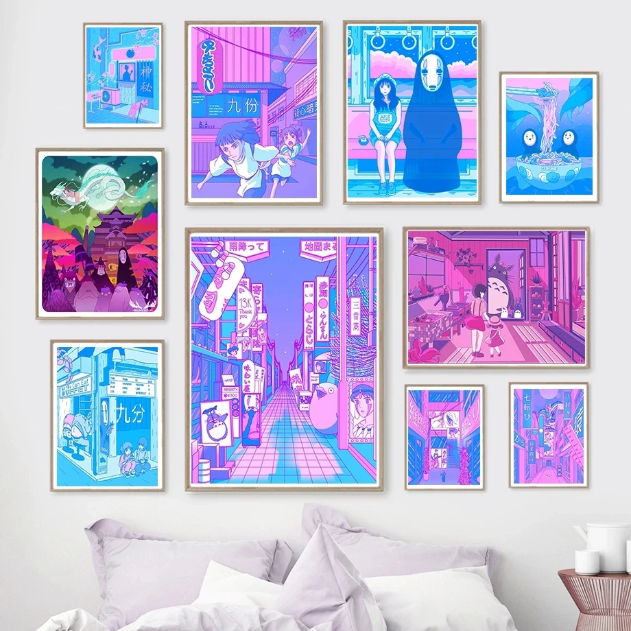 

80s Vaporwave Style Poster Miyazaki Hayao Anime Neon Spirited Away Painting Wall Art Decoration Kawaii Room Decor Canvas Poster