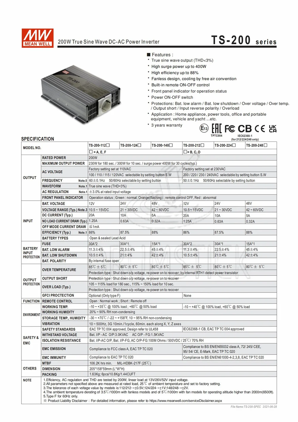 MEAN WELL TS-200-224B Европейский стандарт 230 В meanwell TS-200 200 Вт настоящий синусоидальный DC-AC
