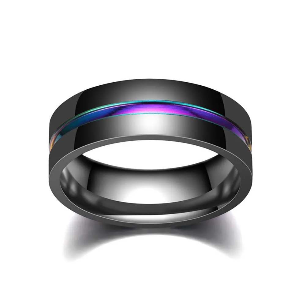 Fashion Black Titanium Stainless Steel Simple Ring Wedding Band 8mm Colorful Rainbow Groove Couple Jewelry | Украшения и