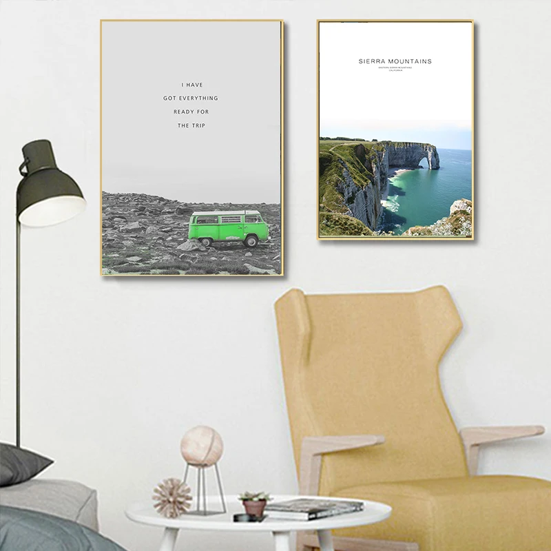 Пейзаж океана холст Постер в скандинавском стиле пляж Зеленый автобус Настенная