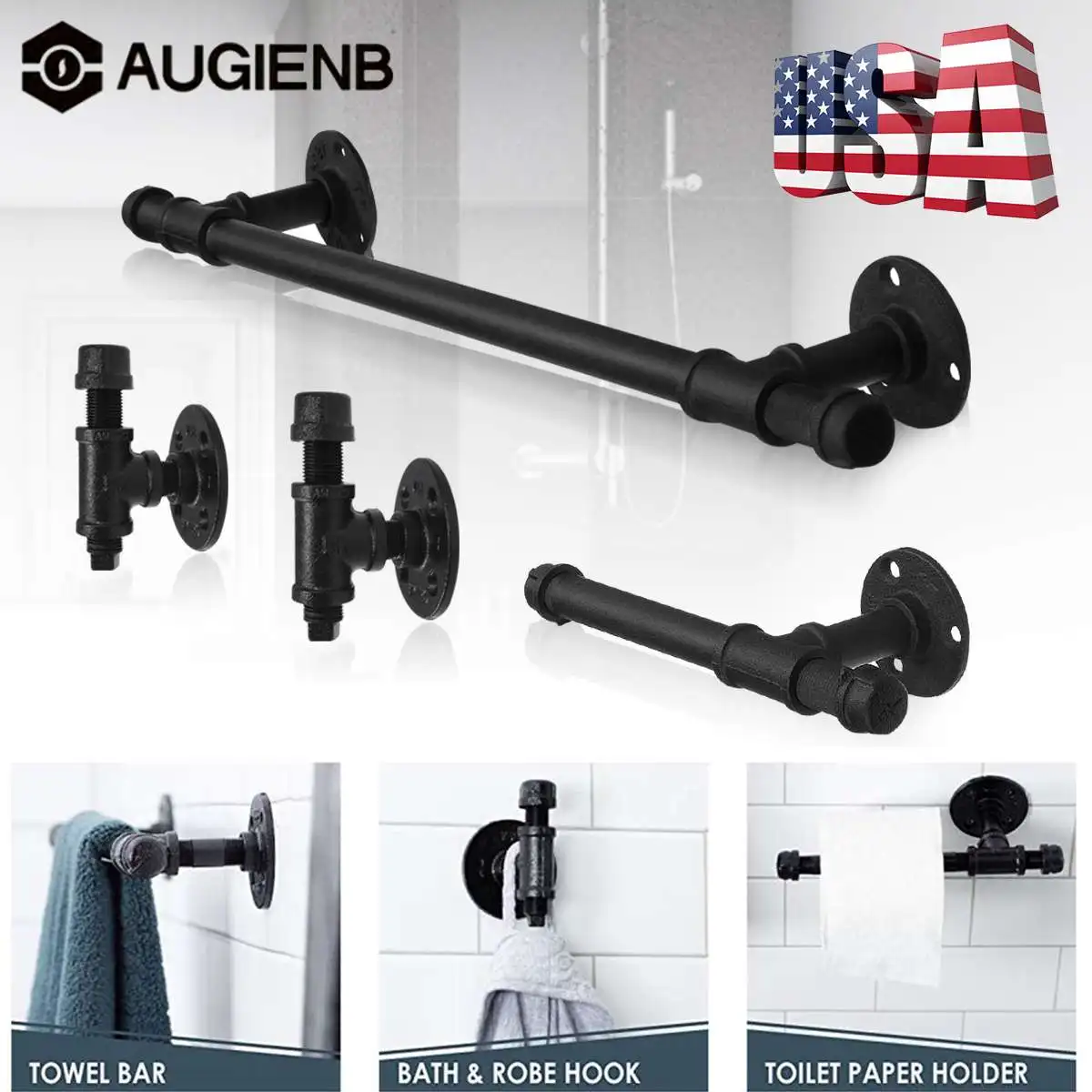 

4 Pcs Set Diy Rustic Industrial Black Iron Pipe Shelves Bracket Bathroom Towel Curtain Rack Home Improvement Furniture Hardware