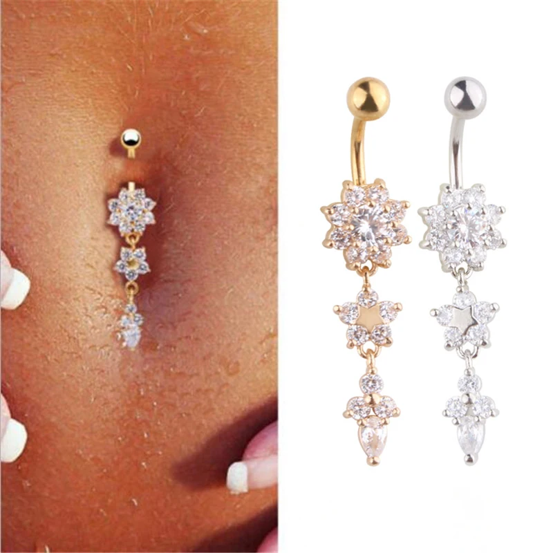 

Пикантное кольцо для пупка с фианитами для пирсинга живота, ювелирное изделие для с кристаллами, с цветами из страз, кольца для пирсинга пуп...