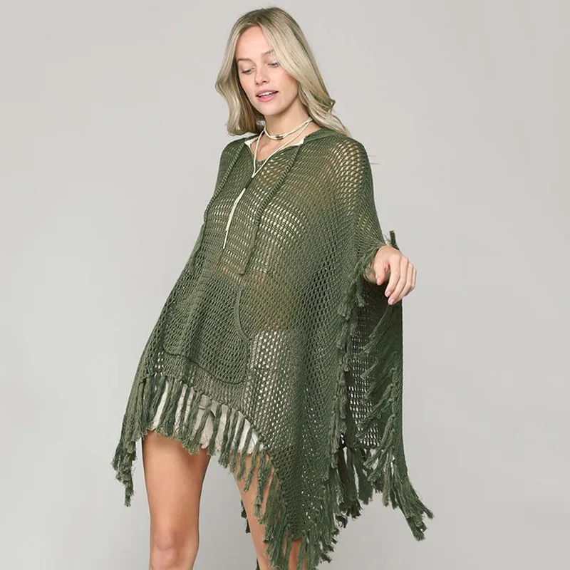 Women's Beach Cover Up Army Green Tassel Knitted Cover Ups Hooded Crochet Sweater Sexy Bikini Mesh Covers Bathing Suit Dress