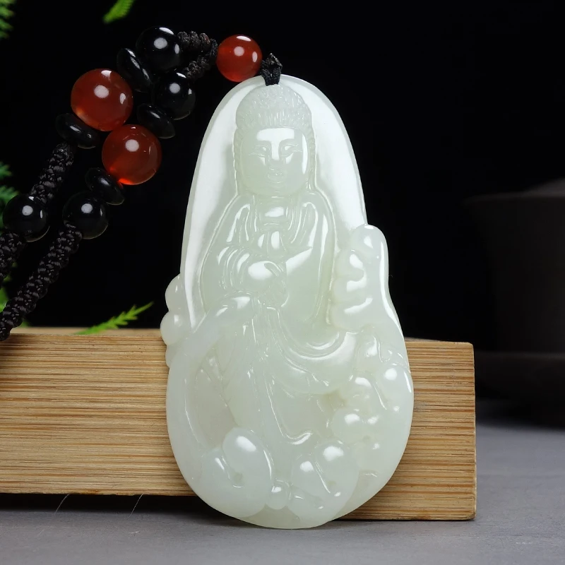 

Natural ice white jade Guanyin pendant necklace