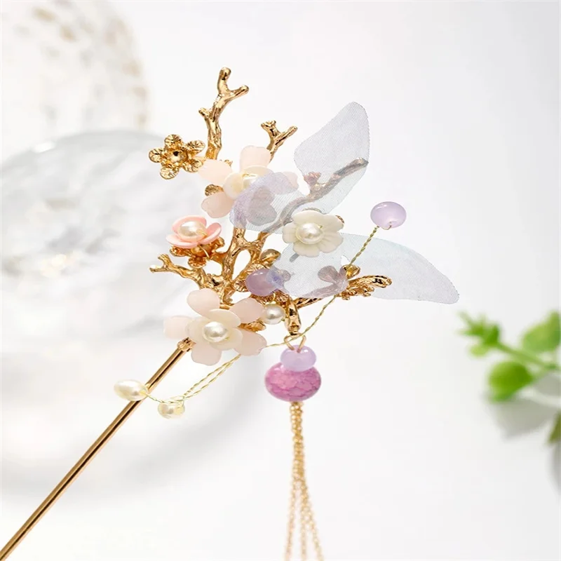 

Chinese Hanfu Retro Butterfly Flower Purple Hairpin Alloy Hairpin Metal Chain Tassel Gourd Pearl Pendant Jewelry