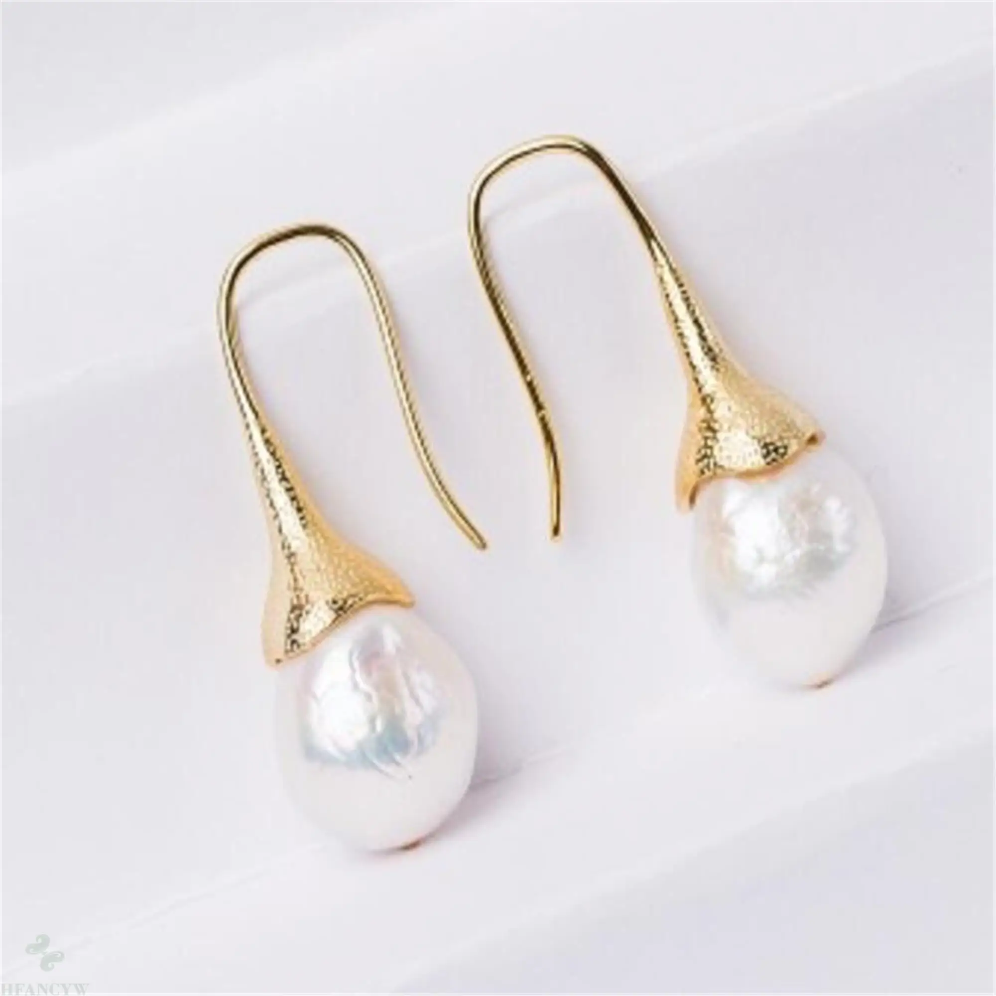 

12-13mm White Baroque Pearl Earrings 18K Gold Ear Drop Dangle Natural Irregular Earbob AAA Aurora Women Flawless Party Cultured